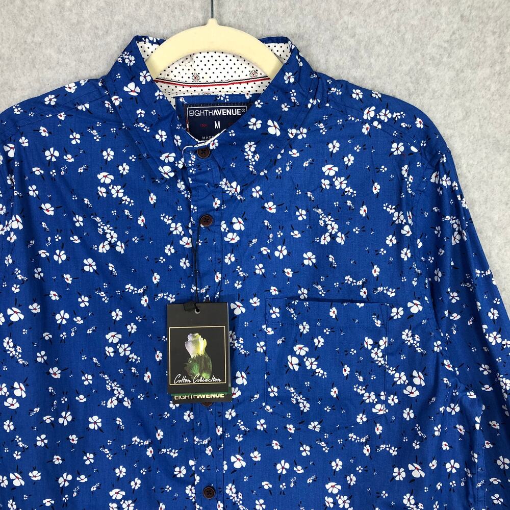 NEW Eighth Avenue Blue Floral Button Down Shirt Mens Medium Cotton Flip Cuff - Picture 4 of 12